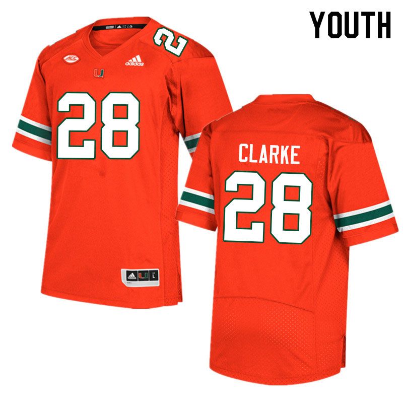 Youth #28 Marcus Clarke Miami Hurricanes College Football Jerseys Sale-Orange - Click Image to Close
